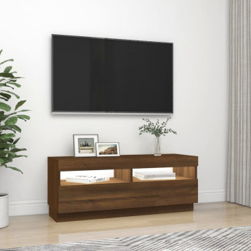 Comodă TV cu lumini LED, stejar maro, 100x35x40 cm - Img 8