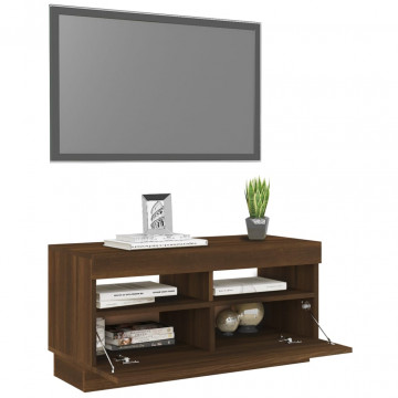 Comodă TV cu lumini LED, stejar maro, 80x35x40 cm - Img 5