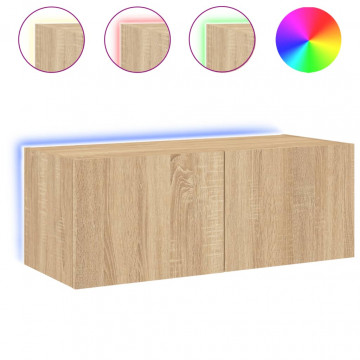 Comodă TV de perete cu lumini LED, stejar sonoma, 80x35x31 cm - Img 2