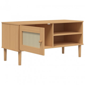 Comodă TV SENJA aspect ratan maro, 106x40x49 cm, lemn masiv pin - Img 5