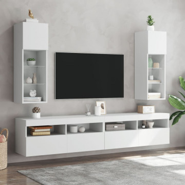 Comode TV cu lumini LED, 2 buc., alb, 30,5x30x90 cm - Img 3