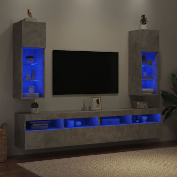 Comode TV cu lumini LED, 2 buc., gri beton, 30,5x30x90 cm - Img 4