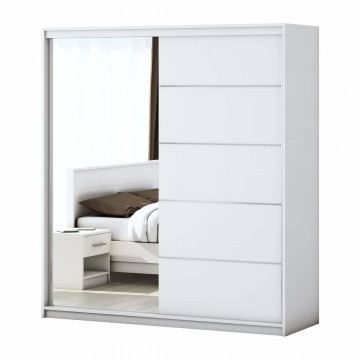 Dormitor solano, alb, dulap 183 cm, pat cu tablie tapitata gri 140×200 cm, 2 noptiere, comoda - Img 8