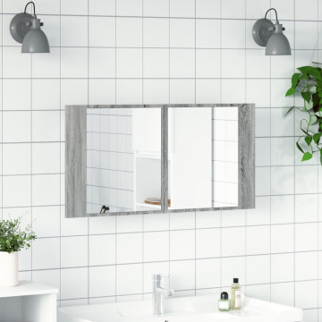 Dulap de baie cu oglindă și LED gri sonoma, 90x12x45 cm, acril - Img 3
