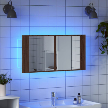 Dulap de baie cu oglindă și LED stejar maro, 90x12x45 cm, acril - Img 4