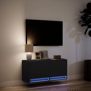 Dulap TV de perete cu lumini LED negru 80x31x38 cm - Img 8