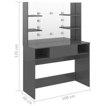 Masă de machiaj cu lumini LED, gri lucios, 100x40x135 cm, MDF - Img 5