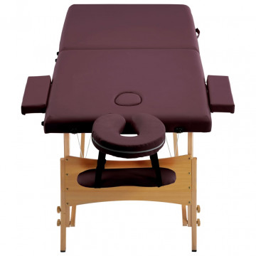 Masă de masaj pliabilă, 2 zone, violet vin, lemn - Img 3