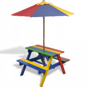 Masă de picnic pentru copii cu bănci & umbrelă, lemn multicolor - Img 2