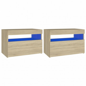 Noptieră cu lumini LED, 2 buc., stejar Sonoma, 60x35x40 cm - Img 2