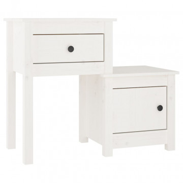 Noptiere, 2 buc., alb, 79,5x38x65,5 cm, lemn masiv de pin - Img 3