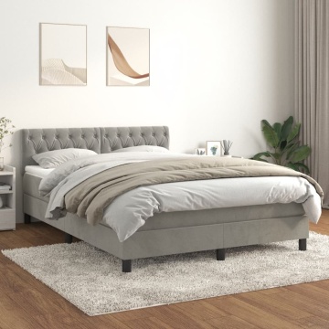 Pat box spring cu saltea, gri deschis, 140x200 cm, catifea - Img 1