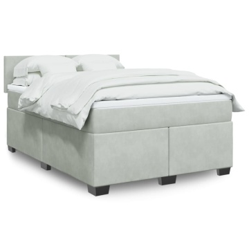 Pat box spring cu saltea, gri deschis, 160x200 cm, catifea - Img 1
