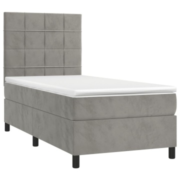 Pat box spring cu saltea, gri deschis, 90x190 cm, catifea - Img 3