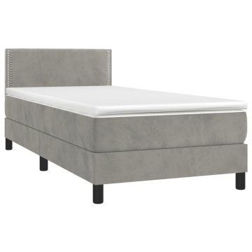 Pat box spring cu saltea, gri deschis, 90x200 cm, catifea - Img 3