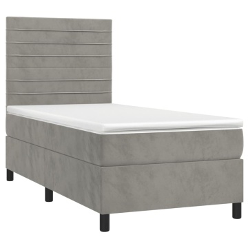 Pat box spring cu saltea, gri deschis, 90x200 cm, catifea - Img 3