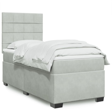 Pat box spring cu saltea, gri deschis, 90x200 cm, catifea - Img 1