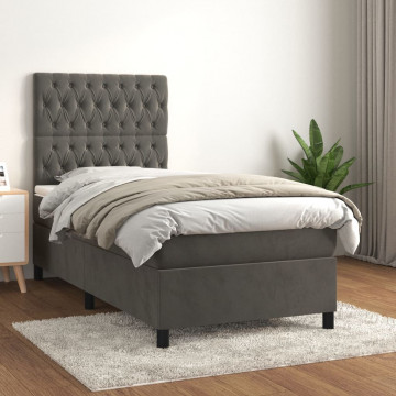 Pat box spring cu saltea, gri închis, 100x200 cm, catifea - Img 1