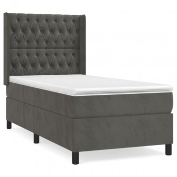 Pat box spring cu saltea, gri închis, 100x200 cm, catifea - Img 2