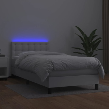 Pat continental cu saltea & LED, alb, 90x200 cm, piele eco - Img 4