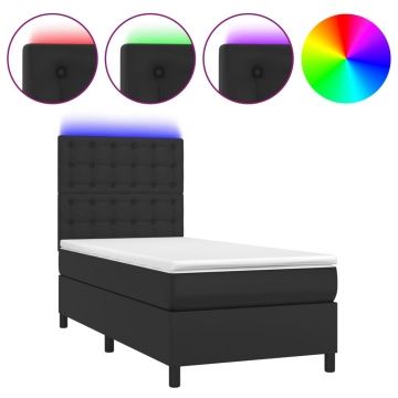 Pat cu arcuri, cu saltea și LED, negru, 90x200 cm, piele eco - Img 2