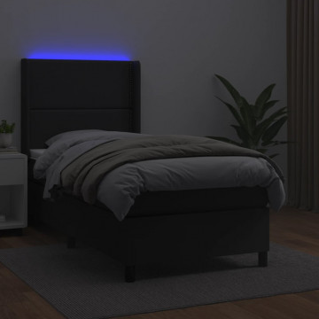 Pat cu arcuri, cu saltea și LED, negru, 90x200 cm, piele eco - Img 3