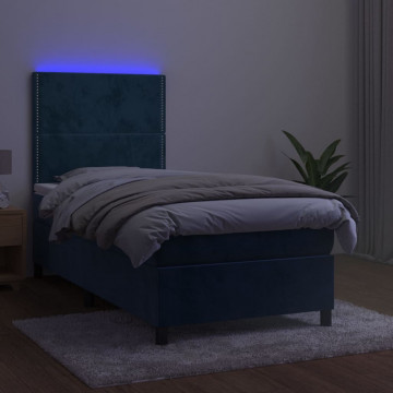 Pat cu arcuri, saltea și LED, bleumarin, 100x200 cm, catifea - Img 4
