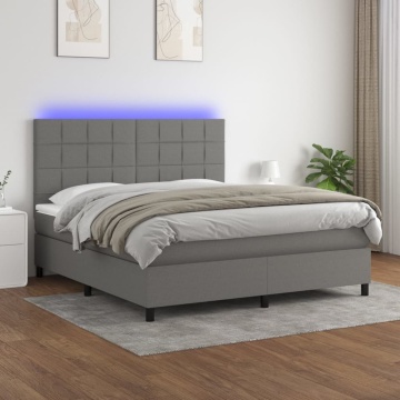 Pat cu arcuri, saltea și LED, gri închis, 160x200 cm, textil - Img 1