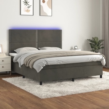 Pat cu arcuri, saltea și LED, gri închis, 180x200 cm, catifea - Img 1