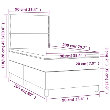 Pat cu arcuri, saltea și LED, gri închis, 90x200 cm, catifea - Img 7