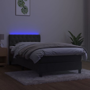 Pat cu arcuri, saltea și LED, gri închis, 90x200 cm, catifea - Img 4