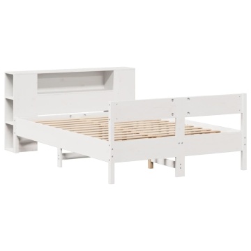 Pat cu bibliotecă fără saltea, alb, 150x200 cm, lemn masiv pin - Img 3