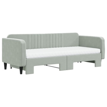 Pat de zi cu extensie și saltele, gri deschis 90x200 cm catifea - Img 3