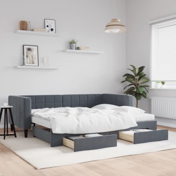 Pat de zi cu extensie și sertare gri închis 90x200 cm catifea - Img 1