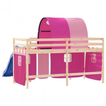 Pat etajat de copii cu tunel, roz, 90x190 cm, lemn masiv pin - Img 6