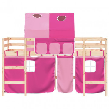 Pat etajat de copii cu tunel, roz, 90x200 cm, lemn masiv pin - Img 8
