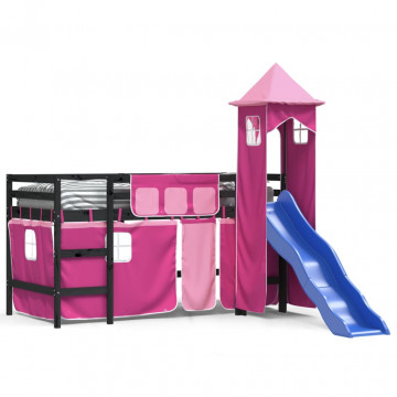 Pat etajat de copii cu turn, roz, 80x200 cm, lemn masiv pin - Img 2