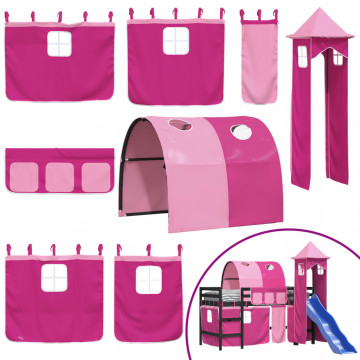 Pat etajat de copii cu turn, roz, 80x200 cm, lemn masiv pin - Img 7