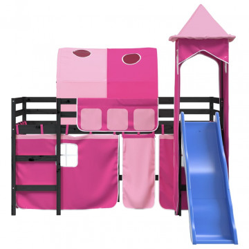 Pat etajat de copii cu turn, roz, 80x200 cm, lemn masiv pin - Img 8