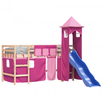 Pat etajat de copii cu turn, roz, 90x200 cm, lemn masiv pin - Img 3