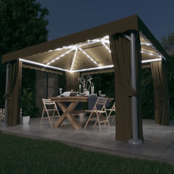 Pavilion cu perdea & șir de lumini LED, gri taupe, 4x3 m - Img 1