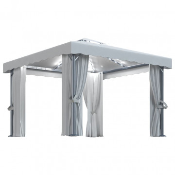 Pavilion cu perdele & șiruri lumini LED, alb crem, 3x3 m - Img 2