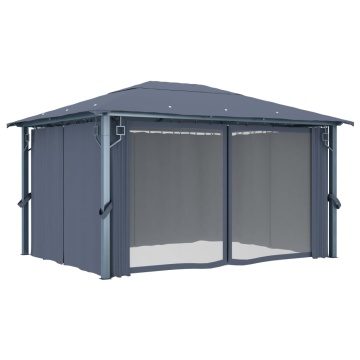 Pavilion cu perdele & șiruri lumini LED antracit 4x3m aluminiu - Img 5