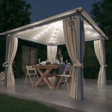 Pavilion cu perdele & șiruri lumini LED, crem, 3x3 m, aluminiu - Img 1