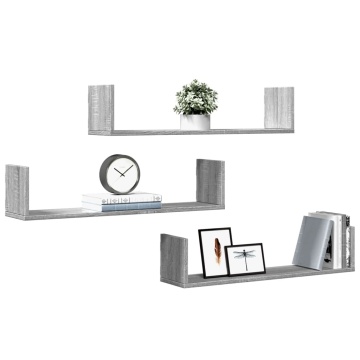 Rafturi de perete 3 buc. gri sonoma 80x18x18 cm lemn prelucrat - Img 3