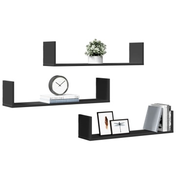 Rafturi de perete, 3 buc., negru, 80x18x18 cm, lemn prelucrat - Img 3