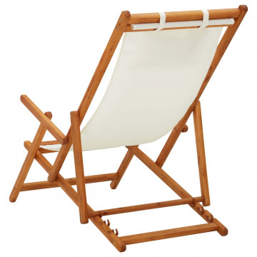 Scaun de plajă pliabil, crem, lemn masiv de eucalipt, textil - Img 3