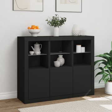 Servantă cu lumini LED, 3 buc., negru, lemn prelucrat - Img 4