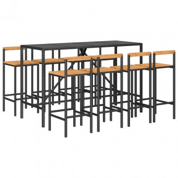 Set bar pentru grădină, 9 piese, negru, poliratan/lemn acacia - Img 3