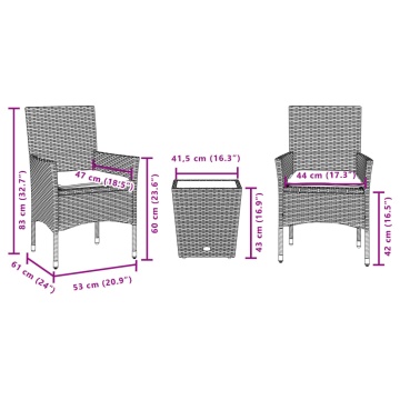 Set bistro cu perne, 3 piese, negru, poliratan și sticlă - Img 6